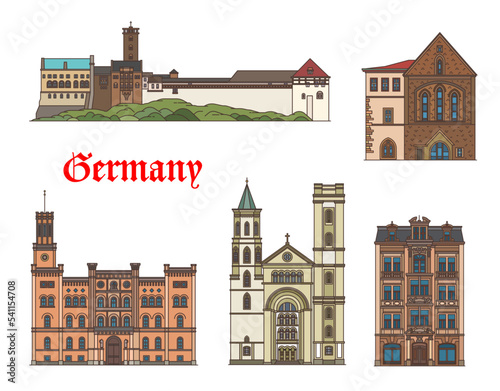 Germany buildings of Zittau and Eisenach Wartburg, vector architecture landmarks. German Thuringia and Saxony buildings of Noacksches Haus palace and castle, Predigerkirche and St John church