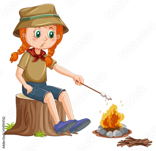 Camping girl roasting marshmallow