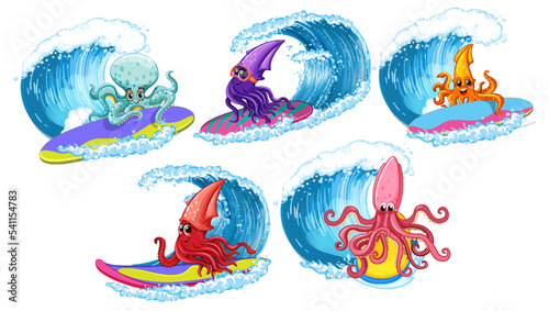 Squid cartoon characters set