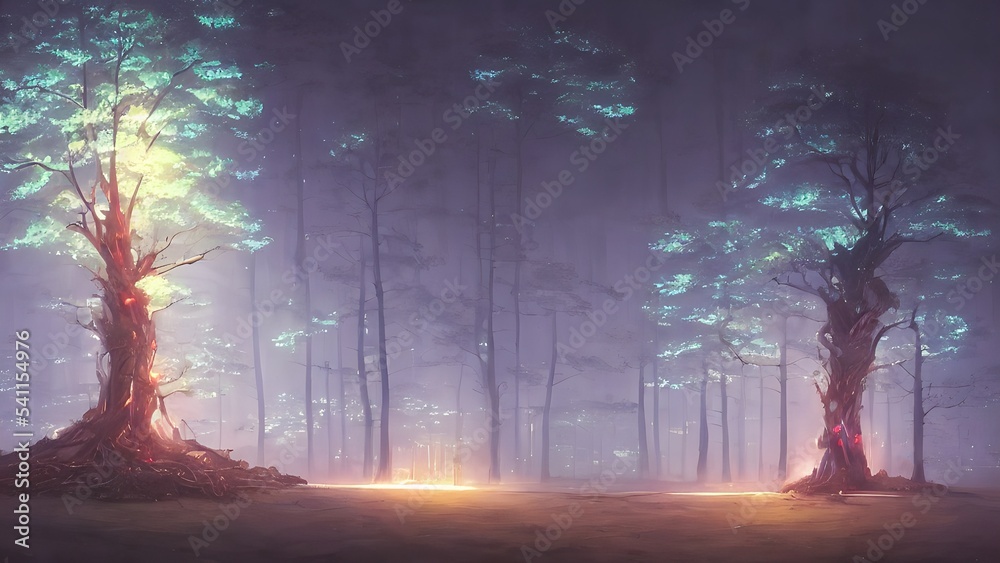Magical Forest. Beautiful light falling through the trees. Cyberpunk style.