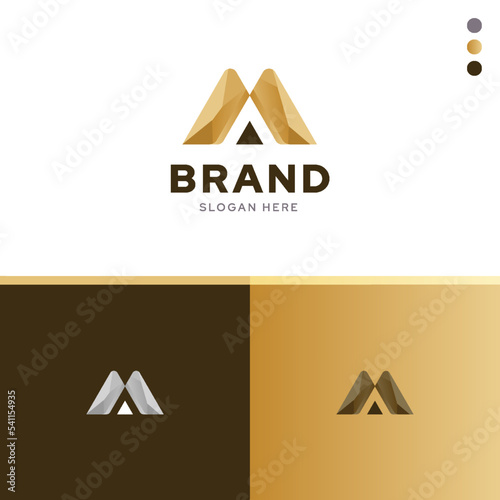 Initial letter M royal geometry concept logo design idea template vector with color combination elegant gold, luxury premium brand identity
