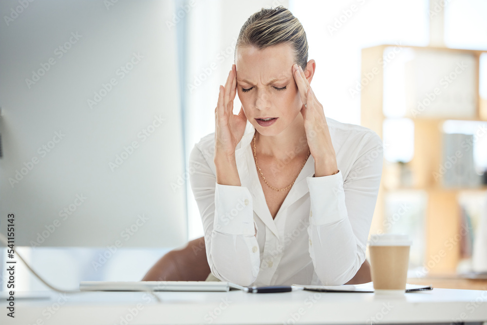 Work stress, headache and office burnout of a business woman experience a computer glitch. Working employee with a 404, audit and online problem feeling anxiety and mental health issue at her job Work stress, headache and office burnout of a business woman experience a computer glitch. Working employee with a 404, audit and online problem feeling anxiety and mental health issue at her job