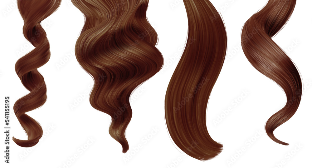 Shiny brown woman hair strands, straight and ponytail hairstyle, vector  haircut and hair care beauty. Realistic female strands and long curl  extensions for hair dye sample or shampoo package Stock Vector |