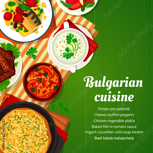 Bulgarian cuisine menu cover template. Cheese stuffed peppers, beef kebab Kebapcheta and baked fish in tomato sauce, potato pie Patatnik, chicken vegetable Plakia and cold cucumber yogurt soup Tarator