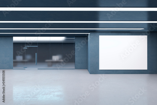 Modern blue blurry glass office interior with blank white mock up frame on empty concrete wall. 3D Rendering.