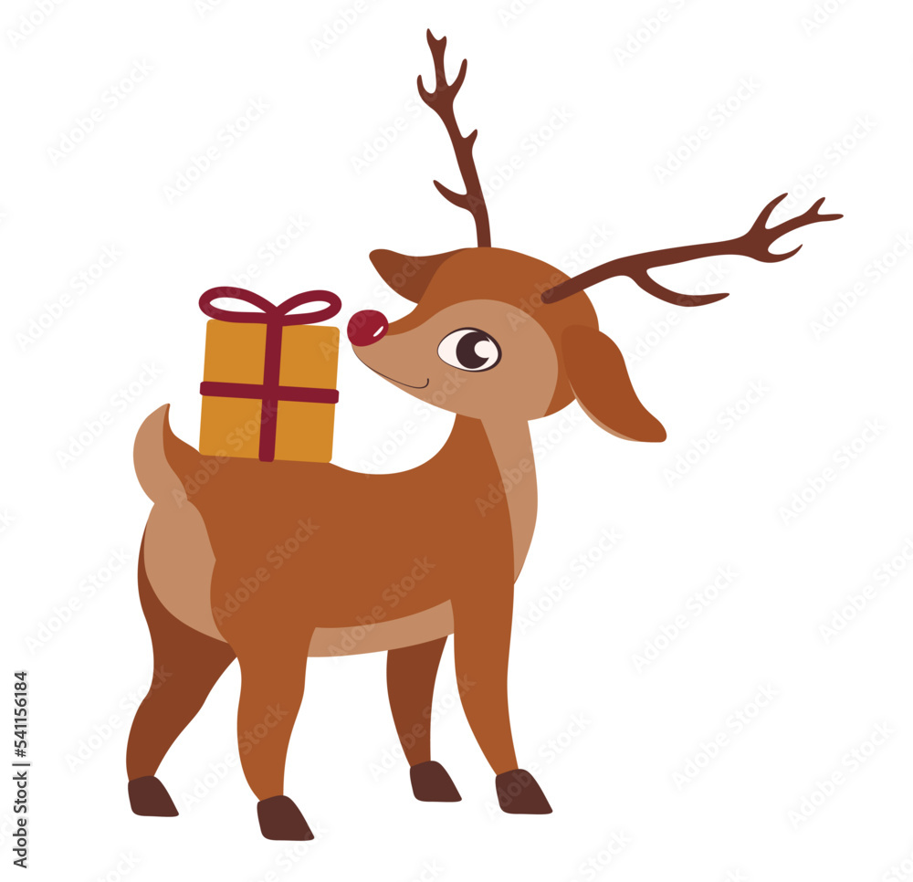Fototapeta premium Cute reindeer with Christmas gift on white background