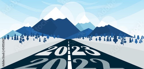 Road in snowy mountains. Concept of 2023 goals