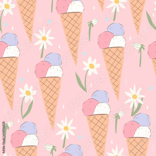 Ice cream and daisy seamless pattern. Cute background wallpaper. Perfect for creating fabrics, textiles, wrapping paper, and packaging.