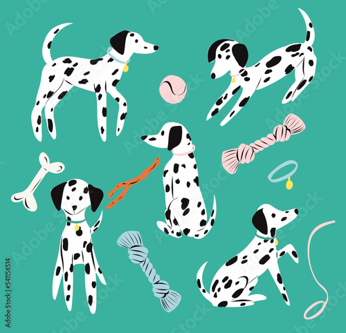 Dalmatian dog set. Cute puppy and toys. Perfect for creating fabrics, textiles, wrapping paper, and packaging.