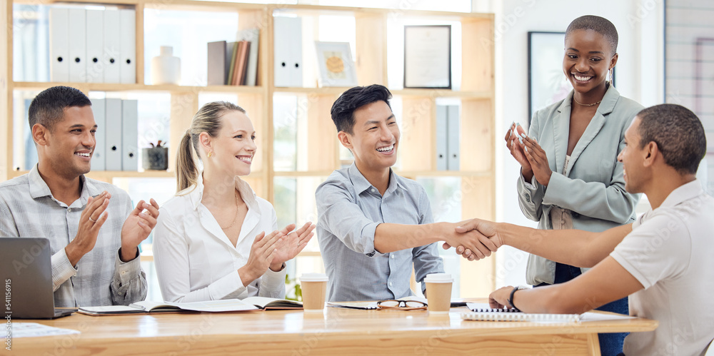Handshake, applause and congratulations, recruitment success at startup  meeting. Hand shake, thank you and a corporate welcome to new recruit or  partner for business deal, achievement or agreement Photos | Adobe Stock