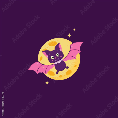 2D graphic cute bats flying in front of the full moon during the Halloween celebrations in October.