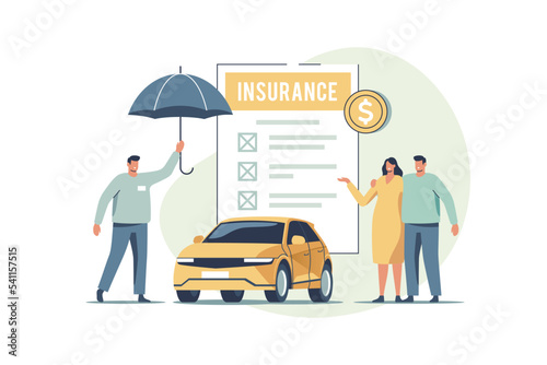 Auto insurance. Concept of car safety, assistance and protection. Couple buying or renting car and signing insurance policy. Vector illustration.
