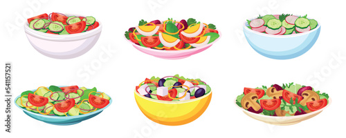 Set of delicious salads in cartoon style. Vector illustration of different salads with different vegetables, eggs, mushrooms, olives on white background.