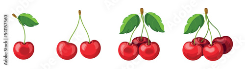 Fényképezés Set of fresh red cherries in cartoon style