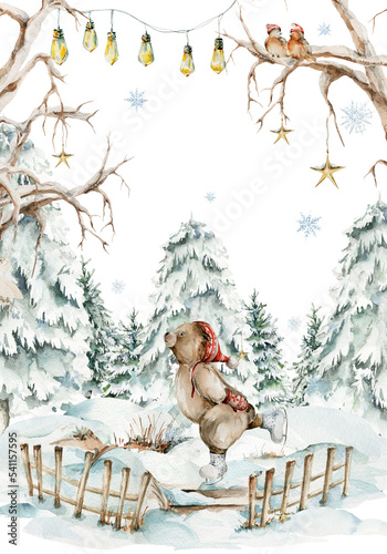 Watercolor nursery frame. Hand painted christmas woodland border of cute baby animals in wild, forest winter landscape, fir tree, bear. illustration for baby shower design, kids print, wall art