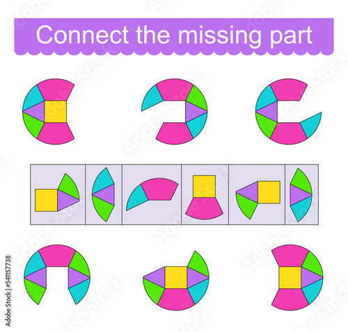 Fun puzzle game for kids. Need to connect the missing part.  Task for development of attention and logic. Vector illustration
