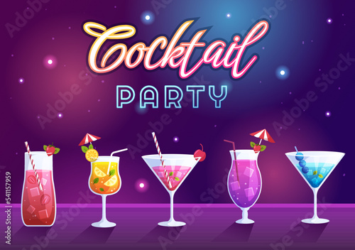 Cocktail Bar or Nightclub with Friends Hanging Out with Alcoholic Fruit Juice Drinks or Cocktails on Flat Hand Drawn Cartoon Template Illustration