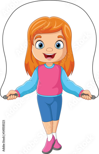 Cartoon little girl playing jumping rope