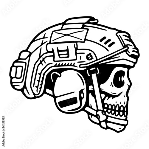 SKULL WITH A TACTICAL MILITARY HELMET LOGO BLACK WHITE BACKGROUND