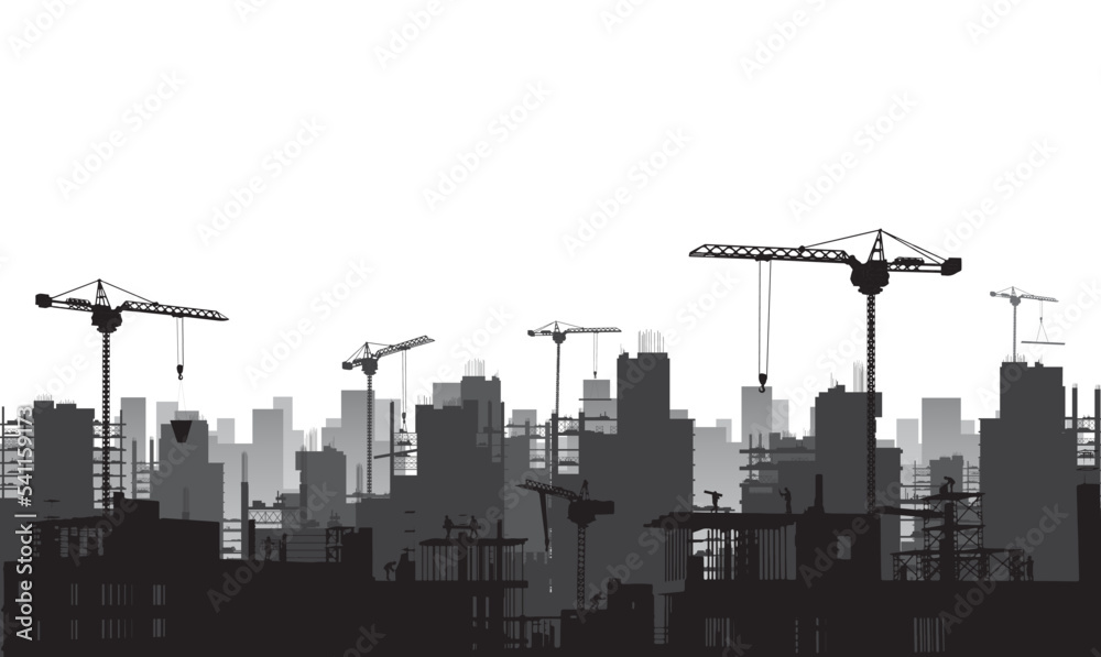 Silhouette building construction site with a tower crane and engineer ...