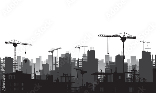 Silhouette building construction site with a tower crane and engineer and workers.Vector illustration