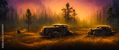 Artistic concept painting of a old timer car in the forest, background illustration.