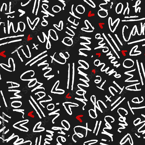 Amor fondo sin costura con frases tipografías. Tu y yo, mi amor, te quiero mucho, mi corazón mensajes. Gráfico vector para el día de San Valentin de colores negro, blanco y rojo. 