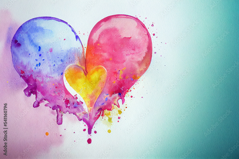 Watercolor painted colorful heart background 2d illustration