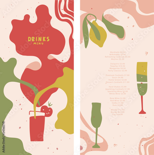 Menu design. Bloody Mary. Alcoholic drinks, juice, fresh, champagne, red wine. Vector editable layout. Abstract shapes and lines. Splash, splash, drops. List, banner, flyer, brochure, booklet, poster 