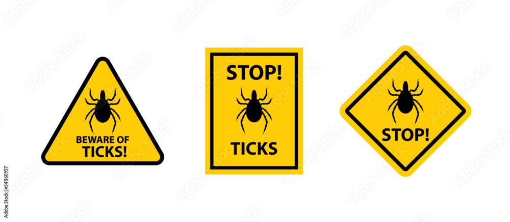 Beware of ticks caution signs, flat vector illustration isolated on white background.