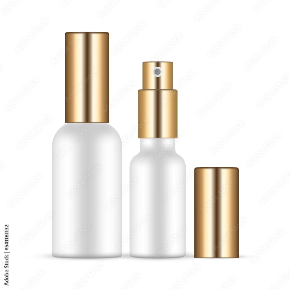 Small Cosmetic Bottles With Golden Caps for Perfume or Oil, Isolated on White Background. Vector Illustration