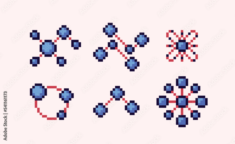 Different molecules shapes and structures pixel art set. Science icons, chemical particle collection. 8 bit sprite. Game development, mobile app. Isolated vector illustration. Different molecules shapes and structures pixel art set. Science icons, chemical particle collection. 8 bit sprite. Game development, mobile app. Isolated vector illustration.