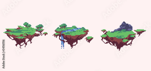 Floating island pixel art set. Surreal flying ground collection. 8 bit sprite. Game development, mobile app.  Isolated vector illustration.