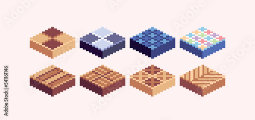 Isometric inside house floor tile pixel art set. Wooden, stone and marble tiles collection. 8 bit sprite. Game development, mobile app.  Isolated vector illustration.