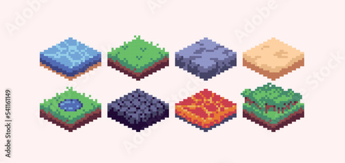 Isometric landscape tiles pixel art set. Map construction block collection. Biome terrain grid. 8 bit sprite. Game development, mobile app.  Isolated vector illustration.