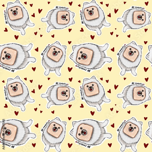 a white dog of the Pomeranian breed sits with toast bread on its muzzle. pattern with yellow background and hearts. Hi sweetie