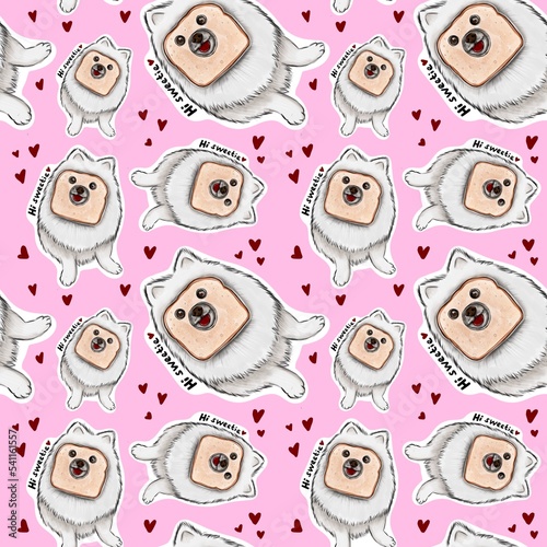 a white dog of the Pomeranian breed sits with toast bread on its muzzle. pattern  with pink background and hearts. Hi sweetie
seamless pattern with animals