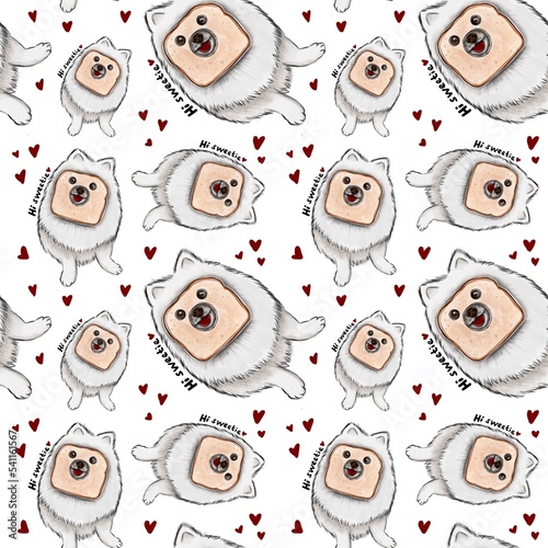 a white dog of the Pomeranian breed sits with toast bread on its muzzle. pattern  with white background and hearts. Hi sweetie
seamless background with sweets