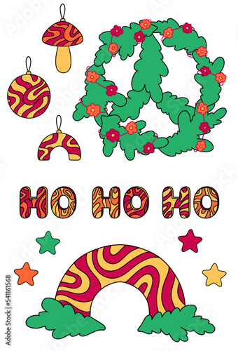 Groovy hippie Christmas stickers with wave pattern^ baubles, rainbow, wreath, stars