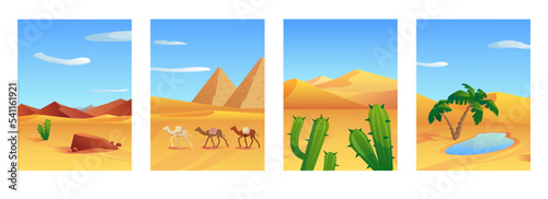 Desert landscape posters set, camel caravan, cacti, palm tree and water - flat vector illustration.