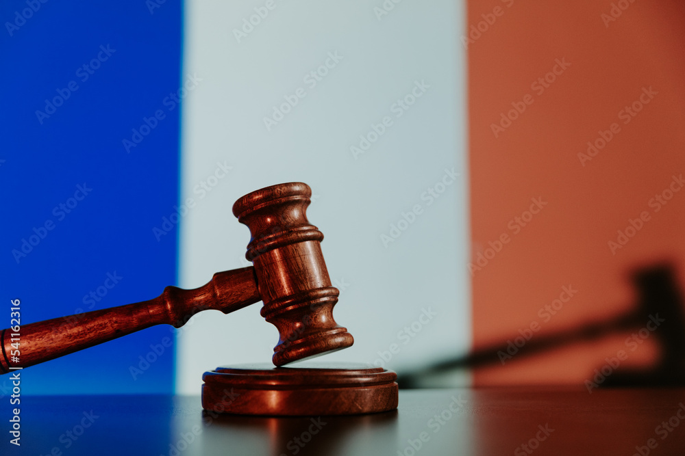 Justice and court concept in French Republic France. Judge gavel on a