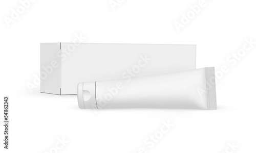 Cream or Toothpaste Tube and Paper Box Mockup, Isolated on White Background. Vector Illustration