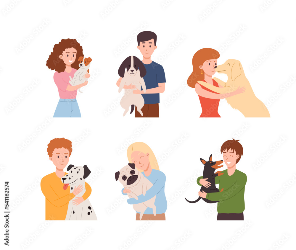 People hugging their dogs, happy pet owners - flat vector illustration isolated on white background. People hugging their dogs, happy pet owners - flat vector illustration isolated on white background.