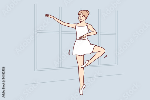 Young woman in tutu dancing in school. Smiling girl in dress practice ballerina moves indoors. Hobby and entertainment. Vector illustration. 