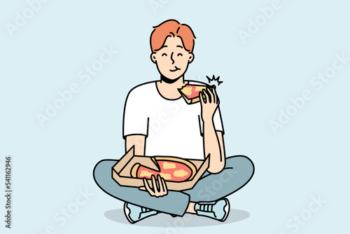 Smiling young man eating delicious pizza. Happy guy enjoy tasty Italian food sitting on floor. Nutrition and takeaway delivery. Vector illustration. 