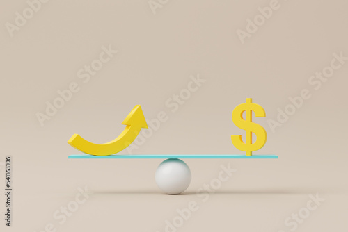 Dollar sign and icon arrow on scale seesaw. Balance scale on background. 3d illustration