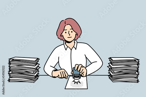 Woman sit at desk stamping documents. Female employee busy with paperwork at workplace. Office job concept. Vector illustration. 