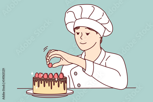 Smiling pastry chef decorating cake with fruits. Happy female baker finishing dessert with raspberries. Cuisine and bakery concept. Vector illustration. 