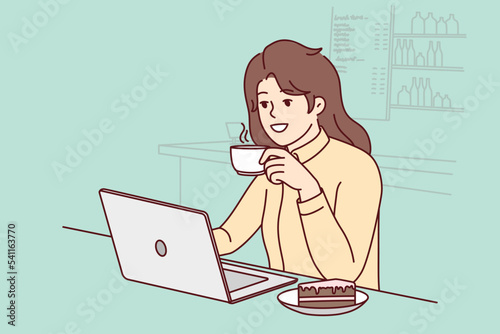 Smiling young woman sit in cafe working on computer. Happy girl drink coffee and cake study on laptop in coffee shop. Vector illustration. 