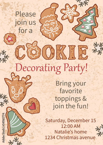 Invitation for Cookie decoration party, Holiday baking party, Cookie exchange. Place for text. Vector illustration.